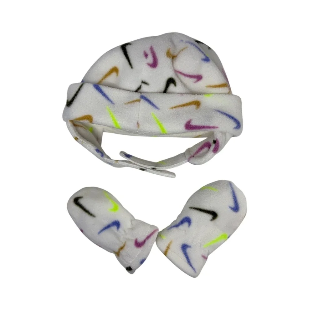 Nike Infant Fleece Hat and Mittens Set White Multi-Color Swoosh Print - Picture 2 of 16